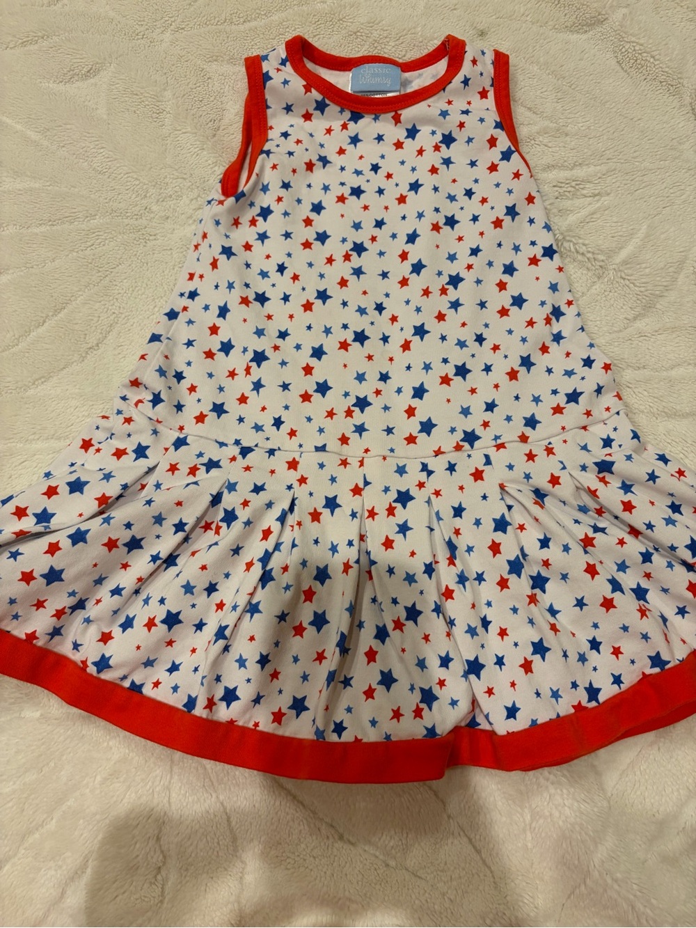 Classic Whimsy Sleeveless Star Print Dress with Red Trim - Picture 2 of 3